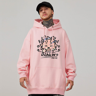 外套 秋冬款 粉色卫衣男马年加绒宽松套头情侣胖子男装 连帽新年大码
