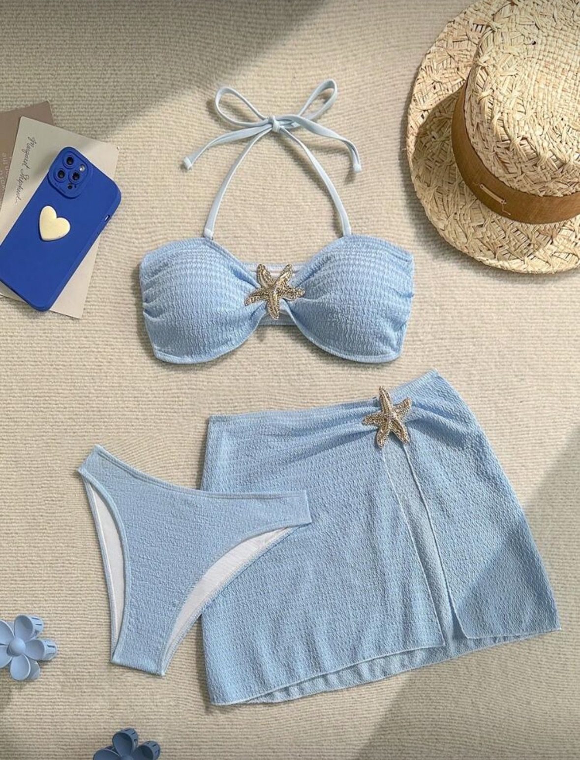 抹胸挂脖比基尼三件套纯色小胸聚拢泳装日韩纯欲分体泳衣bikini