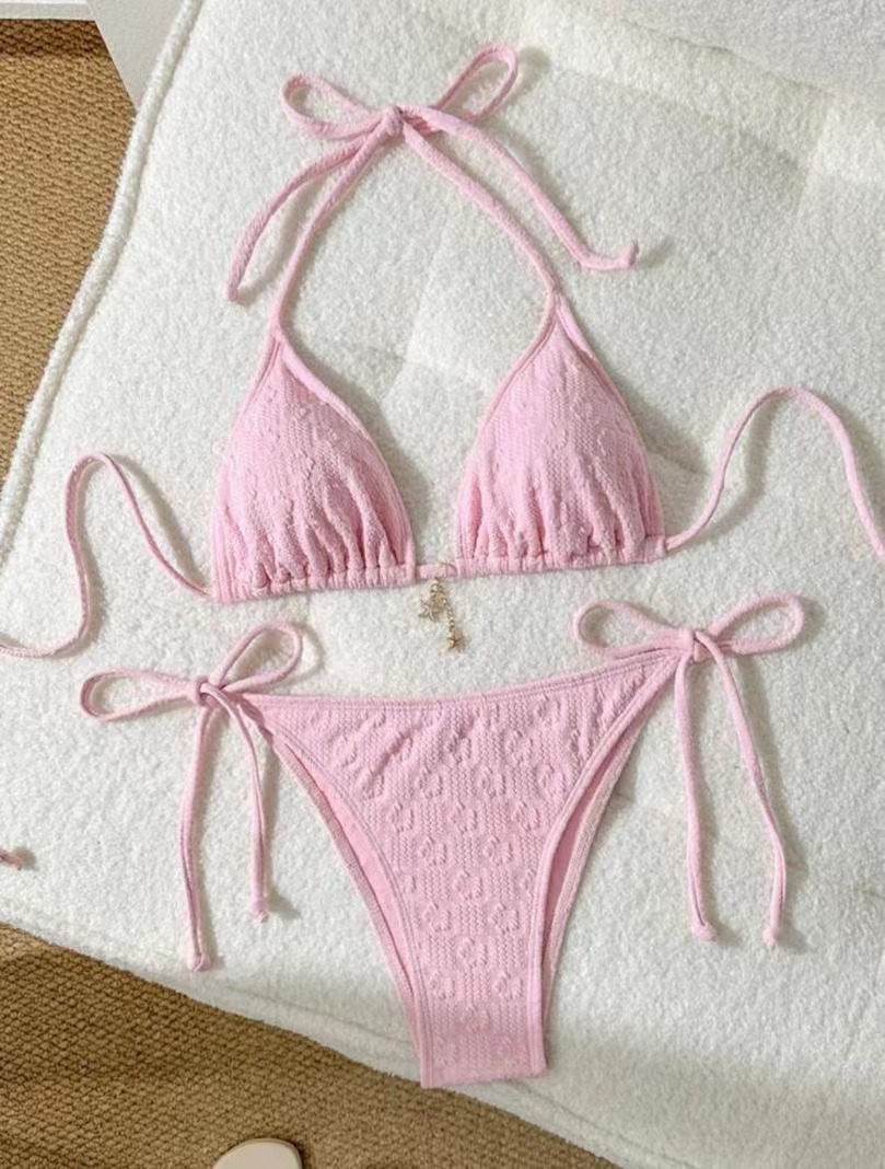 粉色三点式比基尼压花性感显瘦分体泳衣欧美辣妹泳装网红bikini