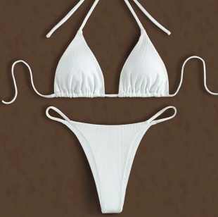 纯色性感三点式 温泉度假游泳衣沙滩Bikini 比基尼系带挂脖丁字泳装