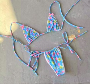 碎花系带比基尼可调节抽绳分体泳衣欧美ins风度假泳装 温泉bikini