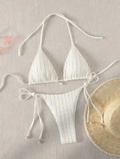 系带挂脖三点式 bikini 比基尼小胸内搭分体泳衣沙滩女士显瘦泳装