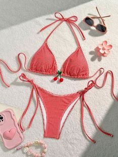 樱桃三点式 小胸bikini 比基尼格子印花三角杯分体泳衣沙滩度假泳装