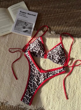 豹纹印花三点式比基尼欧美性感火辣分体泳衣沙滩显瘦泳装bikini
