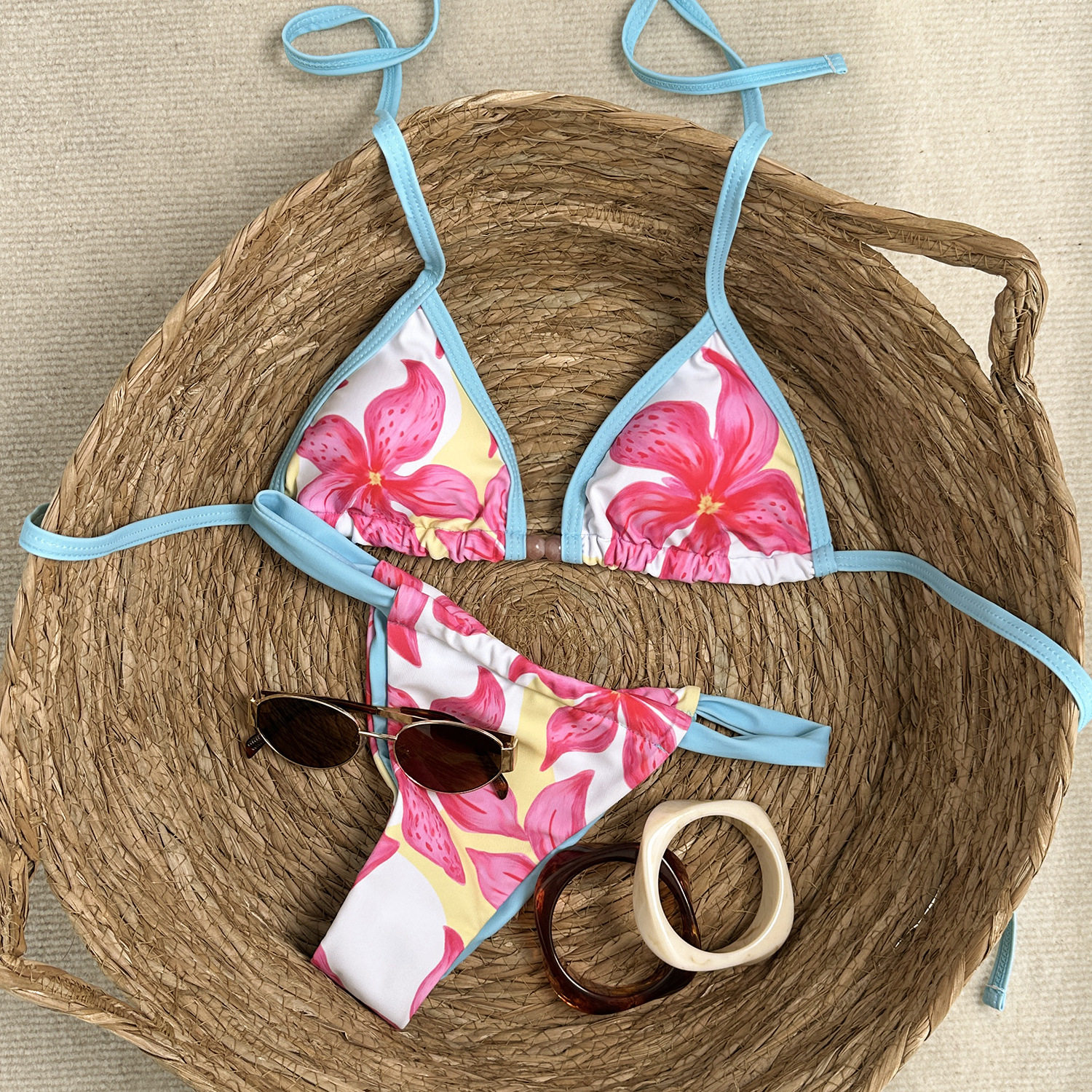 欧美性感辣妹印花比基尼三点式绑带分体泳衣沙滩温泉泳装bikini