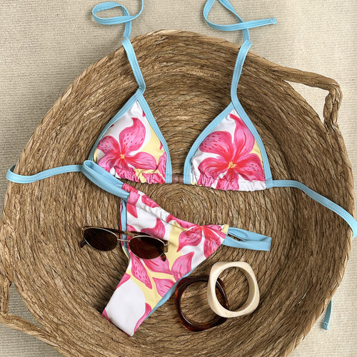 欧美性感辣妹印花比基尼三点式绑带分体泳衣沙滩温泉泳装bikini
