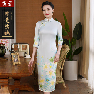 首玺复古旗袍民国春夏醋酸缎印花七分袖 连衣裙 改良日常中国风时尚