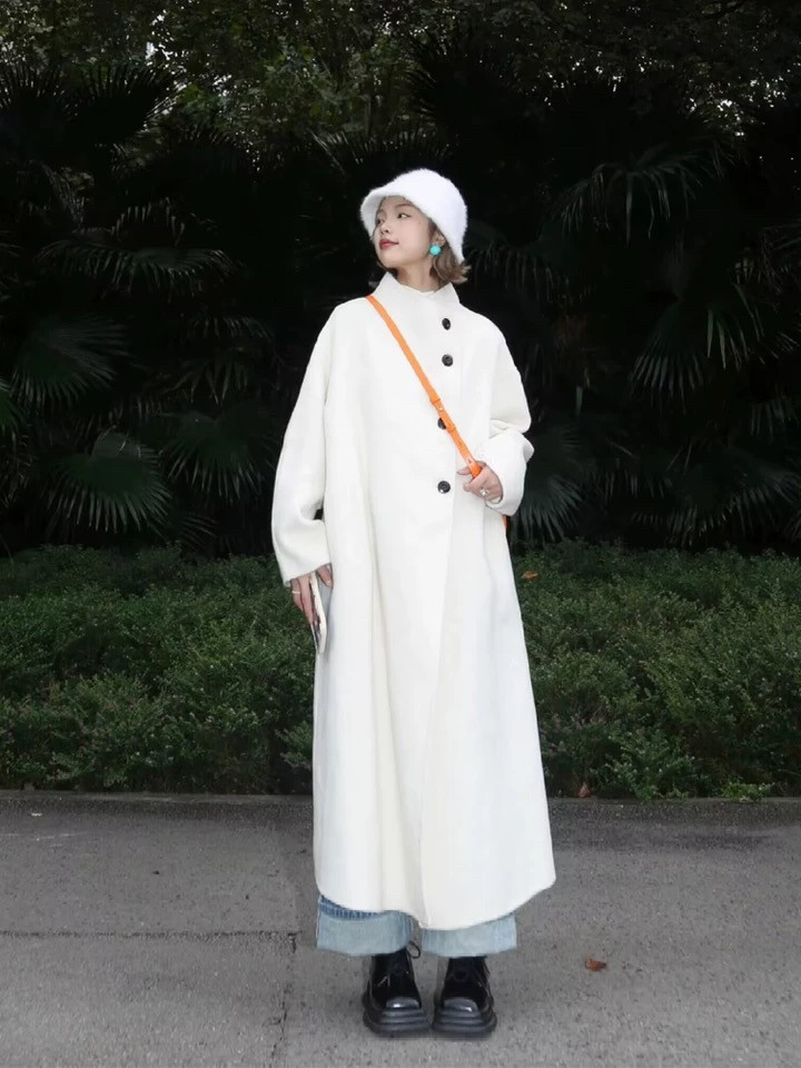 白色呢子大衣女秋冬2025新款毛呢外套高级感小个子中长款韩系