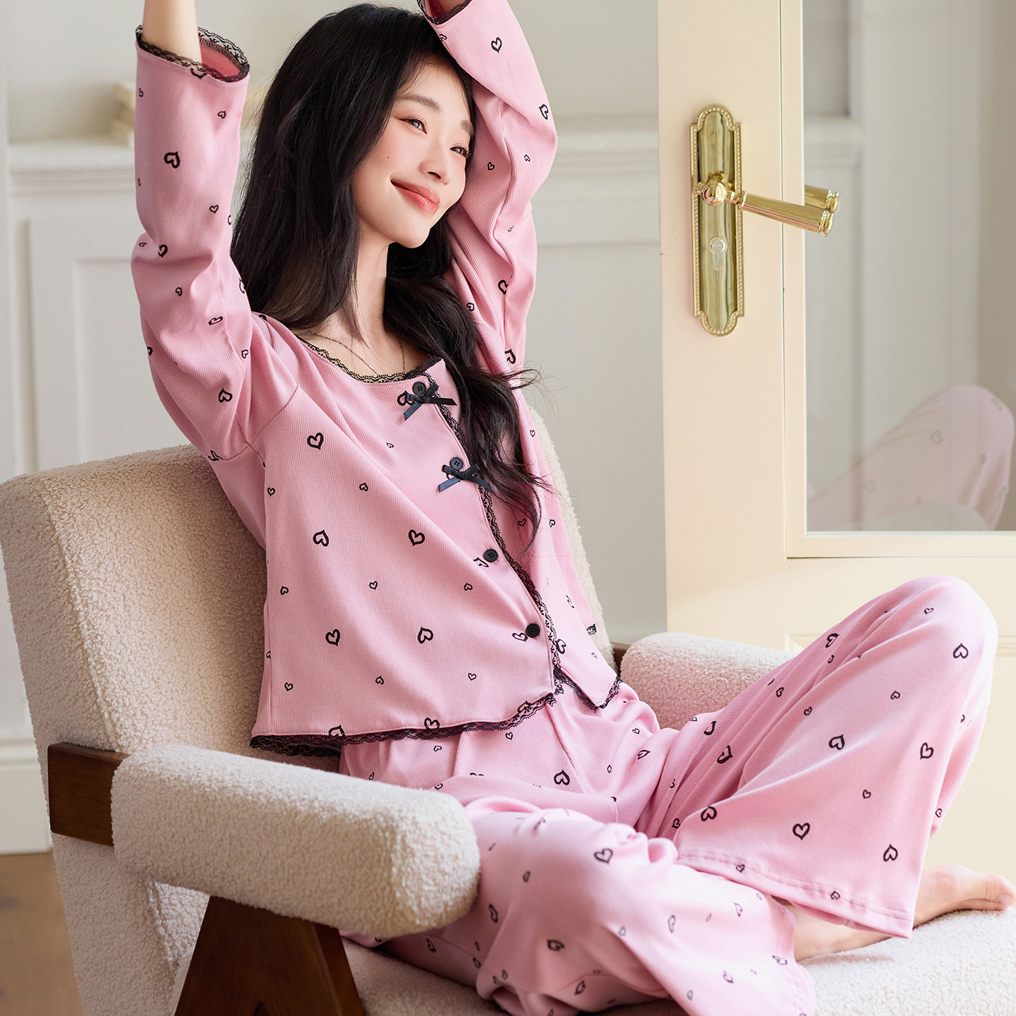 2026春季新款彩棉螺纹长袖睡衣女ins风休闲轻奢家居服套装可外穿,女士内衣/男士内衣/家居服,睡衣/家居服套装,淘宝优惠券,粉丝福利购,淘宝优惠卷