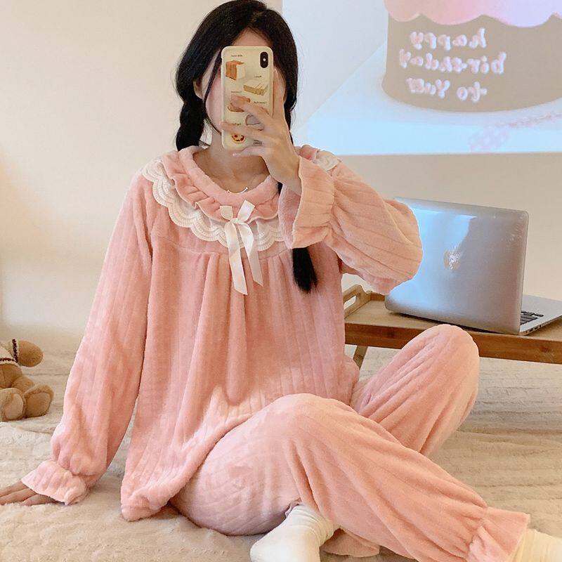 秋天冬季女士长袖圆领套头简约蕾丝花边睡衣法兰绒甜美可爱家居服