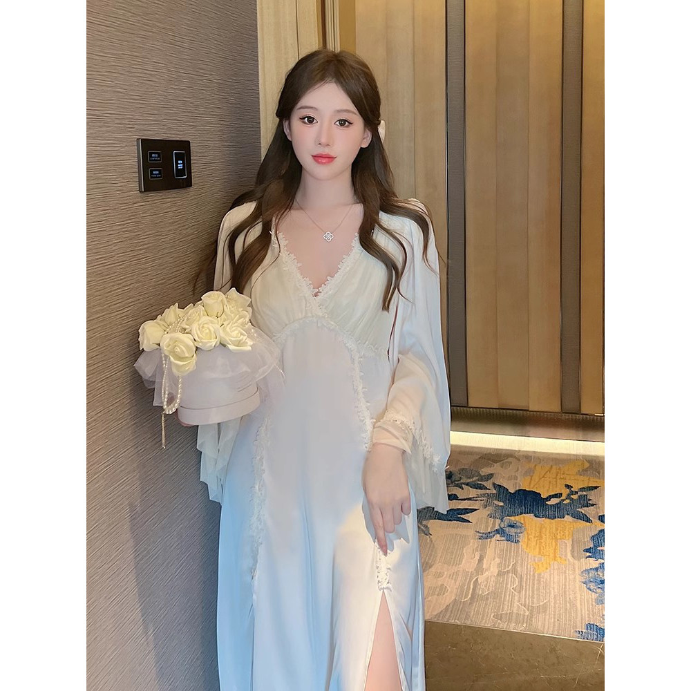 带胸垫睡裙女士长袖蕾丝边冰丝