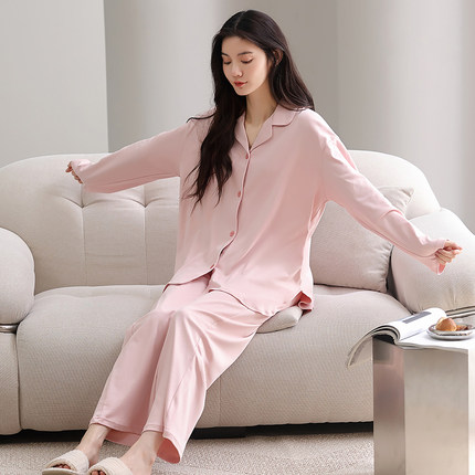 春秋季新款双面纯棉长袖长裤开衫翻领睡衣女可爱休闲女家居服套装