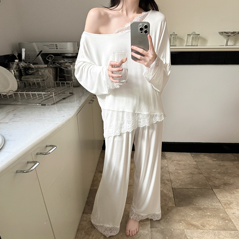 秋季纯欲风蕾丝长袖长裤纯色套头睡衣女甜美舒适花边人棉家居服