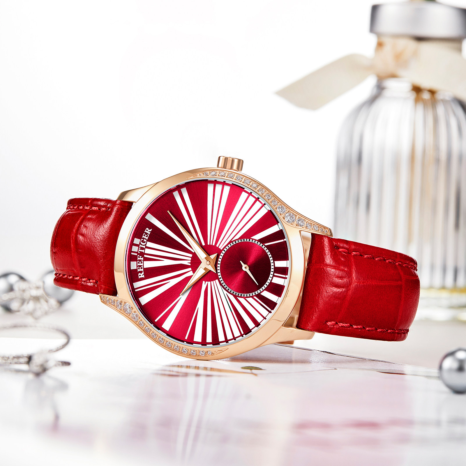 瑞夫泰格时尚新款女士十大品牌手表女机械表防水真皮水钻女表