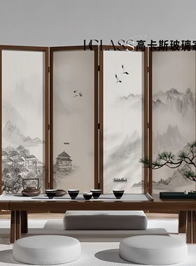 高端定制新中式水墨禅意玻璃餐厅茶馆遮挡墙屏风隔断可折叠