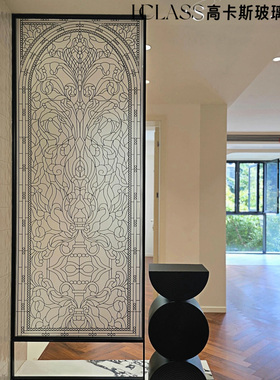 钢化艺术玻璃铝合金隔断法式蒂芙尼门艺术入户玄关背景墙门定制