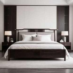 新中式床主卧高端大气实木双人床官帽床轻奢现代2025新款乌金木床