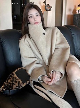 韩系大翻领短款双面呢子大衣女设计感小个子秋冬羊毛系带毛呢外套