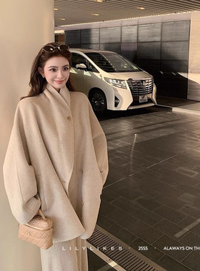 韩系超好看毛呢外套双面羊绒大衣小众深冬斗篷气质羊毛外套女慵懒
