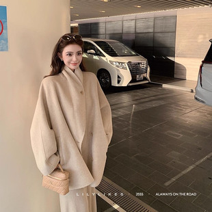 韩系超好看毛呢外套双面羊绒大衣小众深冬斗篷气质羊毛外套女慵懒