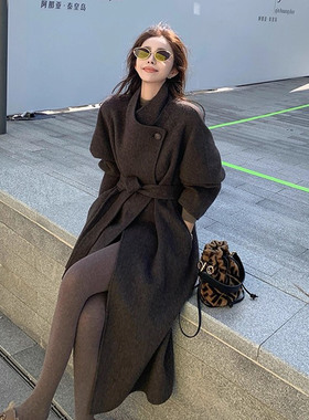 赫本风褐色双面羊绒大衣女长款宽松气质羊毛休闲毛呢外套高级感冬