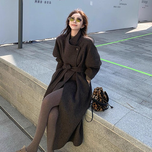 赫本风褐色双面羊绒大衣女长款 宽松气质羊毛休闲毛呢外套高级感冬