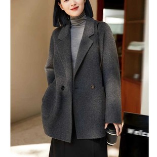 灰色短款双面呢羊绒大衣女宽松小个子赫本风羊毛加厚毛呢外套秋冬