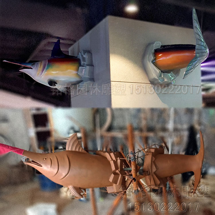 新品玻璃钢穿墙鱼雕塑墙面鱼头鱼尾巴雕塑仿真鱼摆件墙面彩绘鱼头