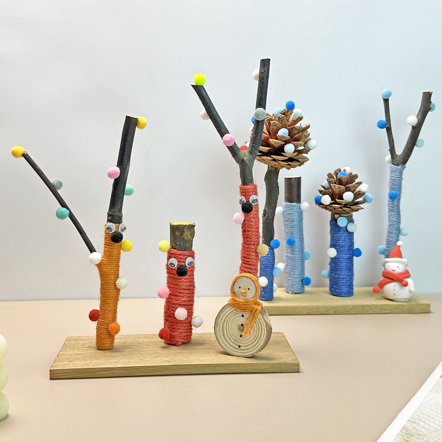冬天的手工幼儿园美工区毛线松果冬季环创编织材料包DIY树枝小人