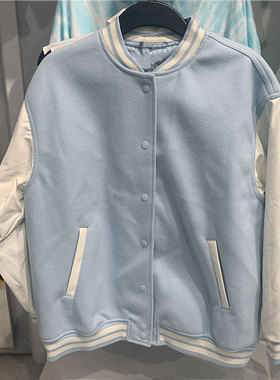 棒球服外套女宽松oversize春秋款蓝色毛呢小个子街头立领1056728