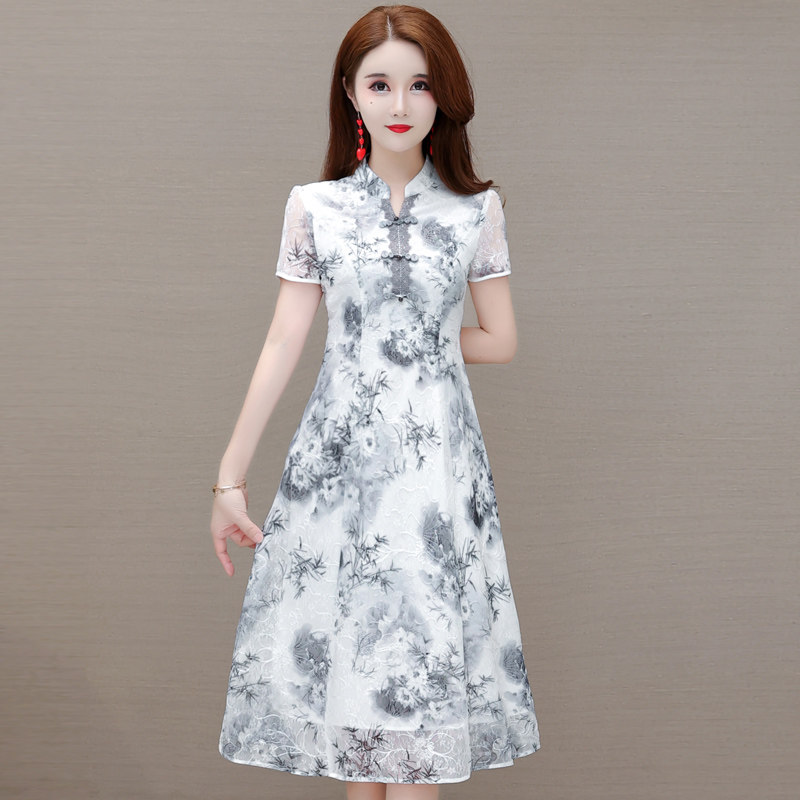 复古晕染连衣裙夏季女气质高级改良旗袍2022年新款小个子妈妈裙子