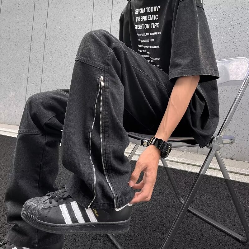 潮牌拉链长裤水洗四季微喇牛仔裤