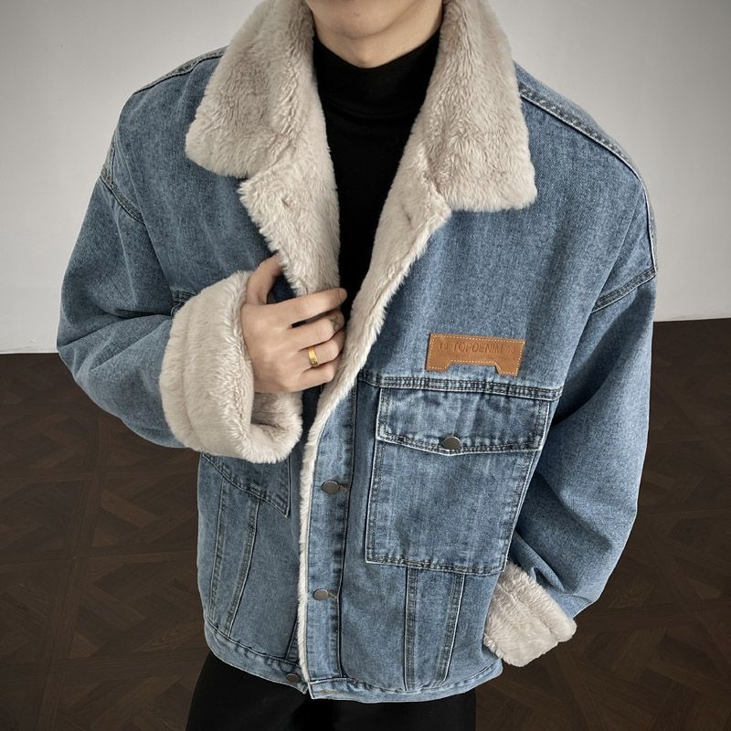 羊羔绒翻领牛仔外套男式秋冬季新款青年加绒加厚工装夹克冬装棉袄