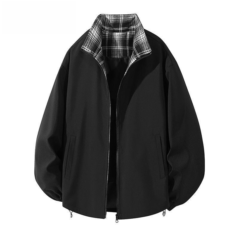 美式黑白格子拼接夹克男款秋季翻领棒球服cleanfit工装外套高级感图片
