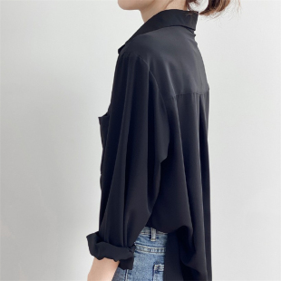 百搭纯色长袖 不易皱有垂感2026秋季 通勤衬衣上衣 女式 黑色气质衬衫