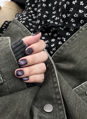 网红紫色猫眼纯手工穿戴甲2026年新款黑色短款显手白美甲贴片成品