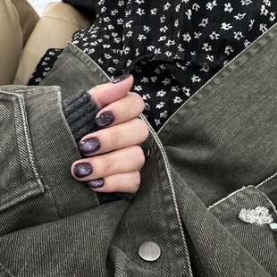 网红紫色猫眼纯手工穿戴甲2025年新款 显手白美甲贴片成品 黑色短款