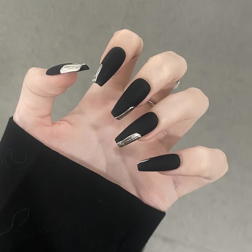 2024高级感磨砂黑中长款魔镜粉纯手工包邮穿戴甲可拆卸小红书爆款