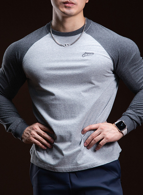 BARBRO撞色长袖T恤男士秋季新款运动健身肌肉美式复古拼色打底衫