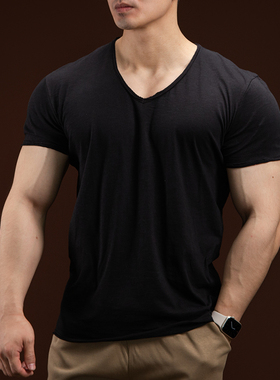 BARBRO新款雅痞短袖t恤夏季修身显肌肉健身内搭男士V领T恤纯棉