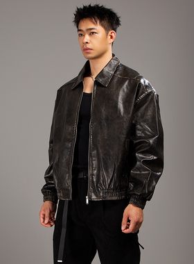 BARBRO美式复古翻领夹克高级感休闲秋季百搭拉链款潮流轻奢皮衣男