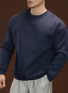 BARBRO加绒卫衣男圆领银狐绒秋冬季宽松百搭套头健身男士打底衫