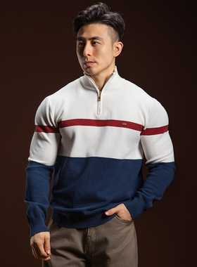 BARBRO立领秋冬半拉链针织衫男士毛衣针织翻领高领色块拼色户外