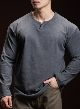 BARBRO新款长袖亨利领男士秋季纯色T恤宽松秋冬打底衫v领上衣休闲