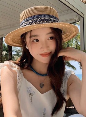 法式草编民族风海边沙滩帽夏季出游遮阳草帽防晒百搭平顶宽檐礼帽