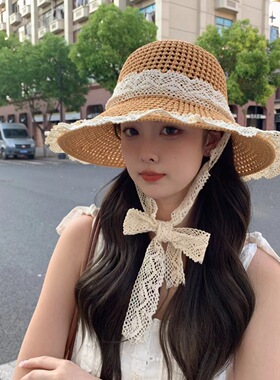 甜美编织蕾丝系带草编帽女夏天防晒遮阳防紫外线沙滩帽子
