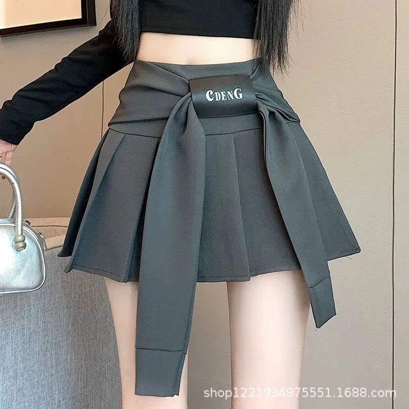 法式韩系设计感蝴蝶结绑带百褶半身裙女秋冬季学院风高腰显瘦短裙