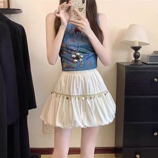 波西米亚白色花苞半身裙女夏季松紧高腰显瘦防走光a字蓬蓬短裙子