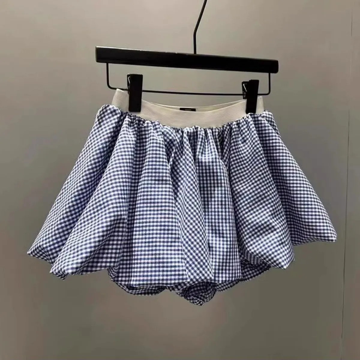 撞色格纹花苞半身裙女装2025夏季新款设计感高腰显瘦百搭A字短裙
