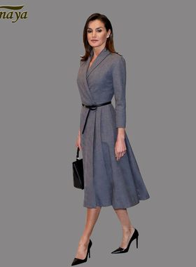 2023春秋新款高雅欧美气质翻领职业修身灰色中长连衣裙显瘦大牌